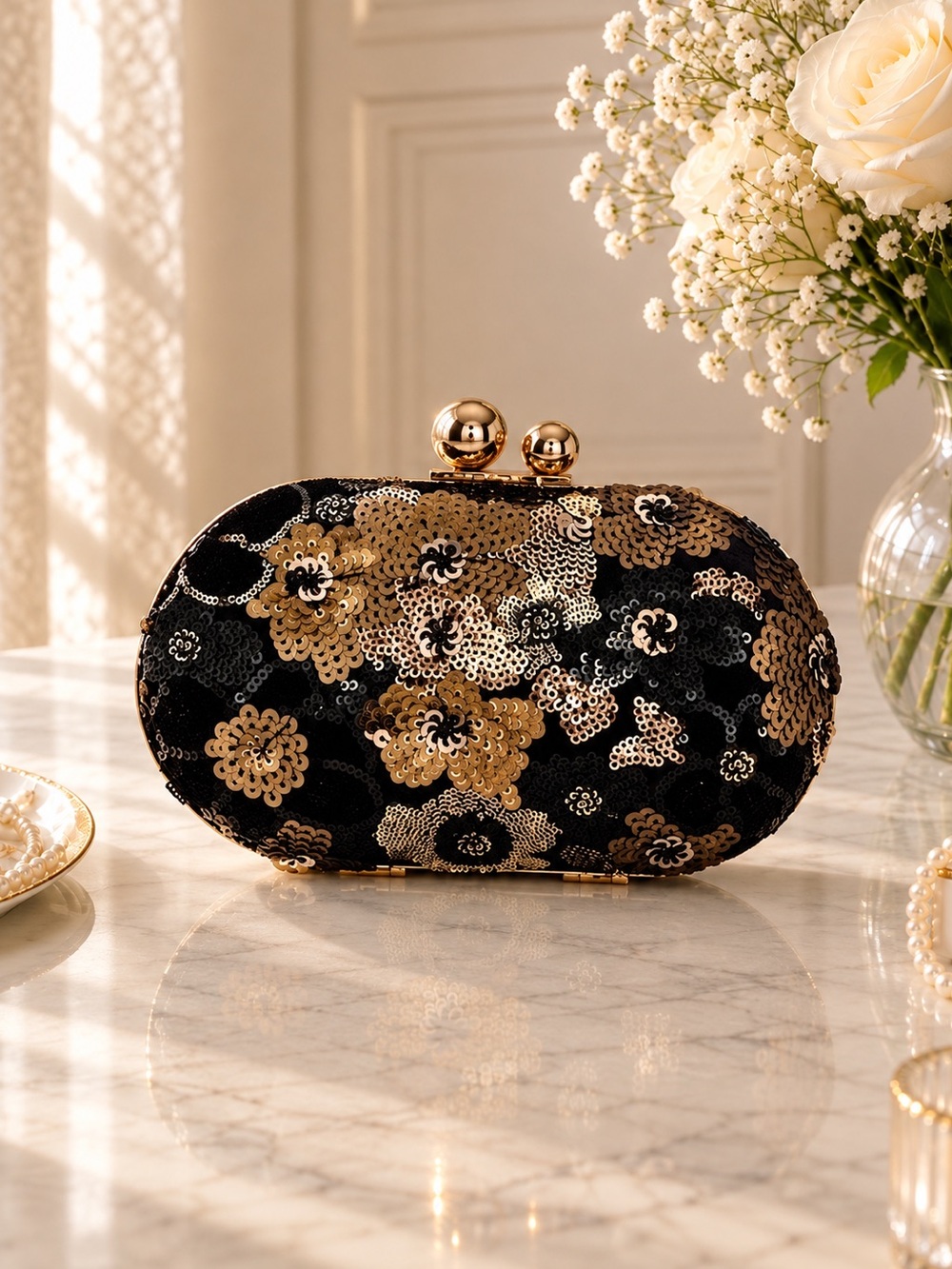 Dedire ~ Gold & Black Sequin Floral Evening Clutch